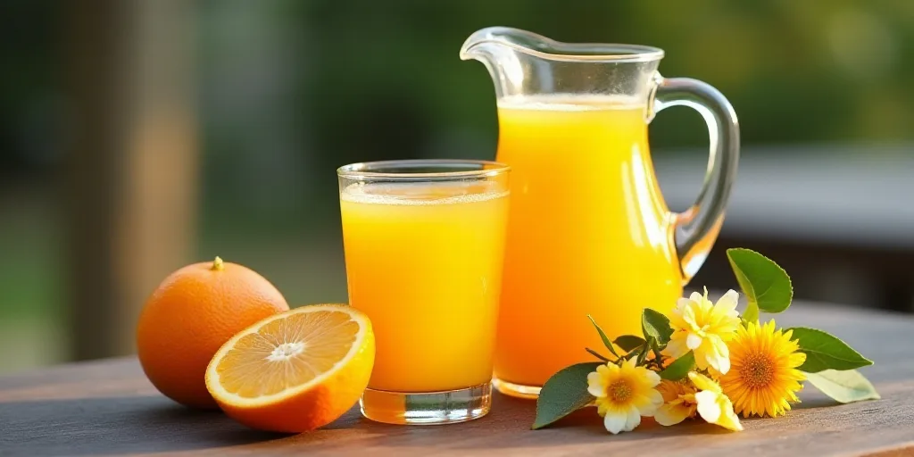 a pitcher of orange juice next to a glass of orange juice and sliced oranges on a table with flowers