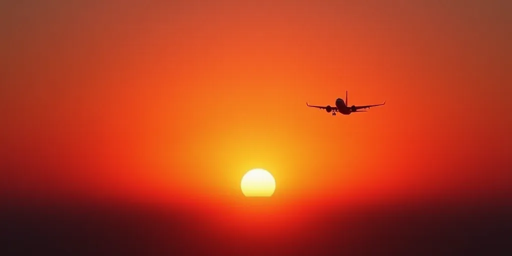 a plane flying in the sky with the sun in the background and a red sky behind it with a plane in the