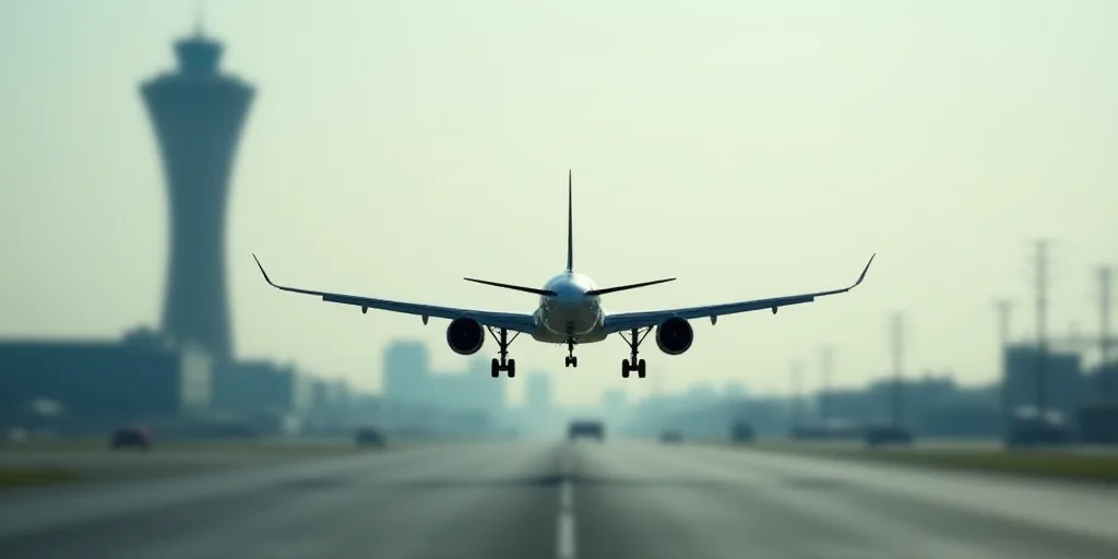 a plane is on the runway of an airport with a tower in the background and a building in the foregrou