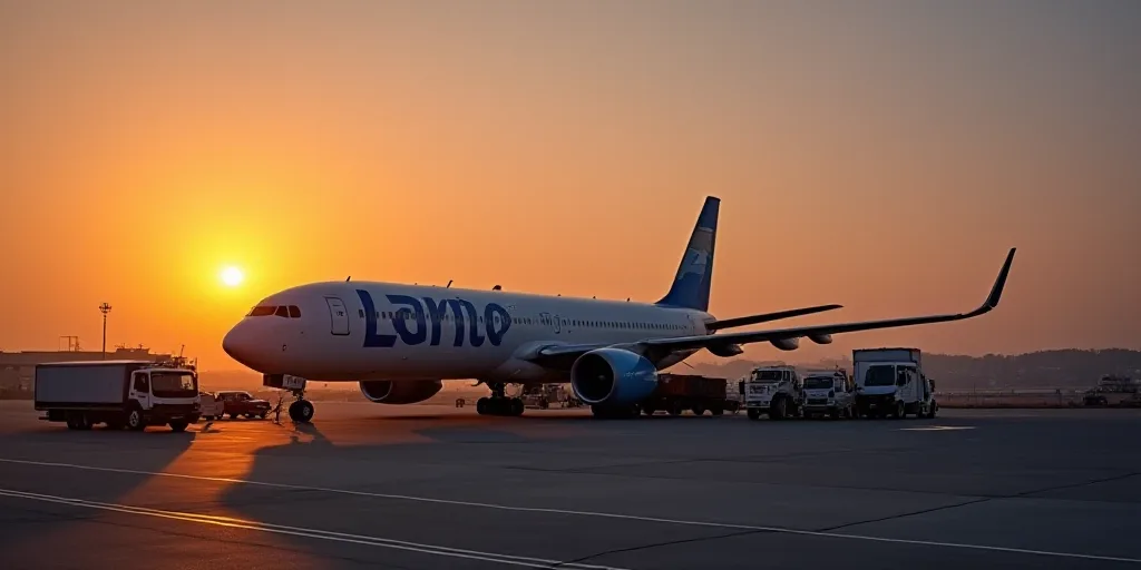 a plane is parked at an airport with a truck and other vehicles around it and a plane is parked on t