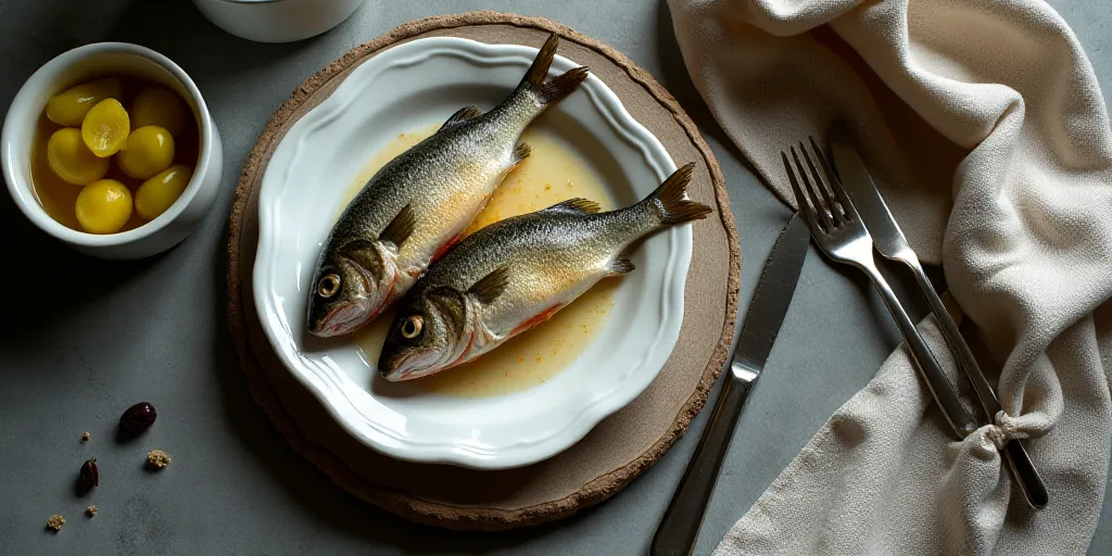 a plate of fish and a bowl of pickles on a table top with a spoon and fork next to it, Carpoforo Ten