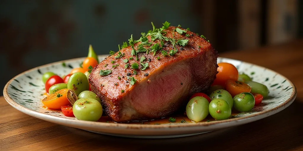 a plate of food with a large piece of meat and vegetables on it, on a wooden table top, Carpoforo Te