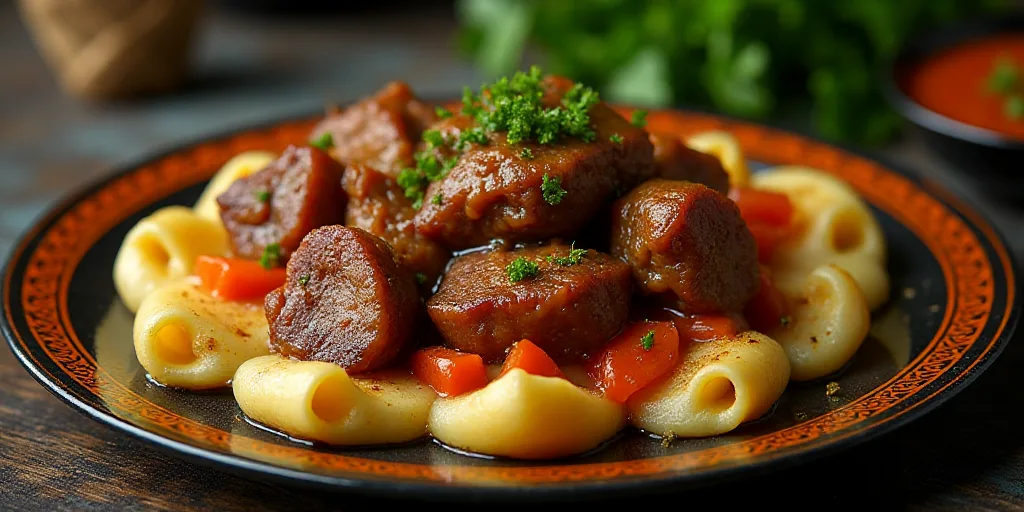 a plate of food with meat and vegetables on it on a table top with a black and orange border, Boucht