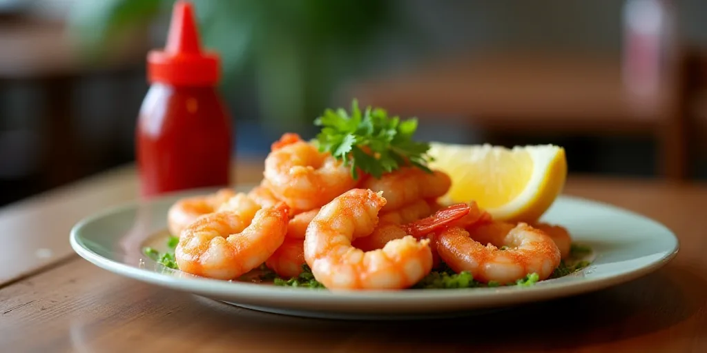 a plate of food with shrimp and a lemon wedge on it at a restaurant table with a bottle of ketchup,