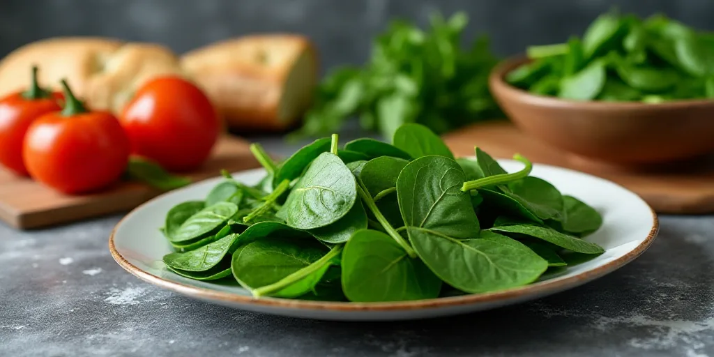 a plate of spinach and other vegetables on a table with bread and eggs in the background and a bowl