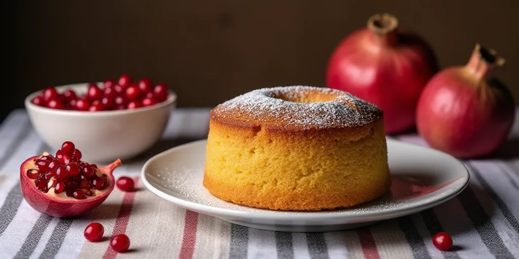 a plate with a cake and a bowl of pomegranates on it next to a striped table cloth, Ceferí Olivé,