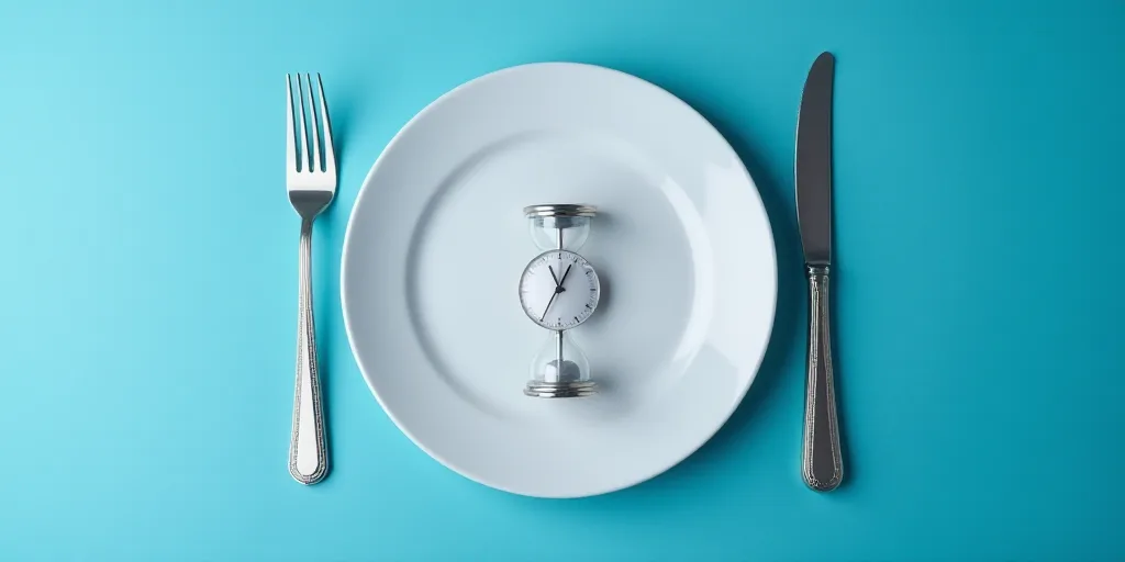 a plate with a clock on it and a fork and knife on it with a blue background with a blue background,