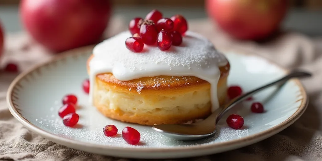 a plate with a pastry covered in white frosting and pomegranates on it, with a spoon, Ceferí Olivé