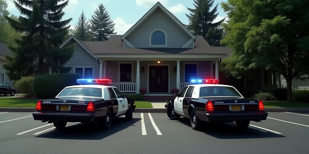 a police car parked in a parking lot next to a house and a car with a police badge on it, Altichiero