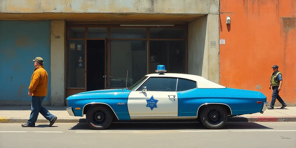 a police car parked in front of a building with a man walking by it and a police officer standing ne