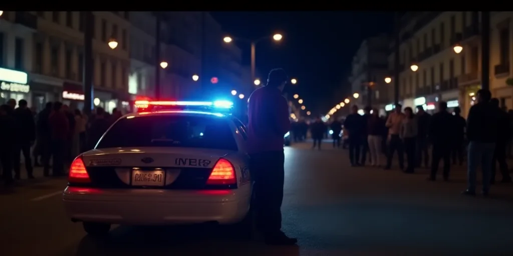 a police car with a person standing next to it at night time with a crowd of people watching it, Est