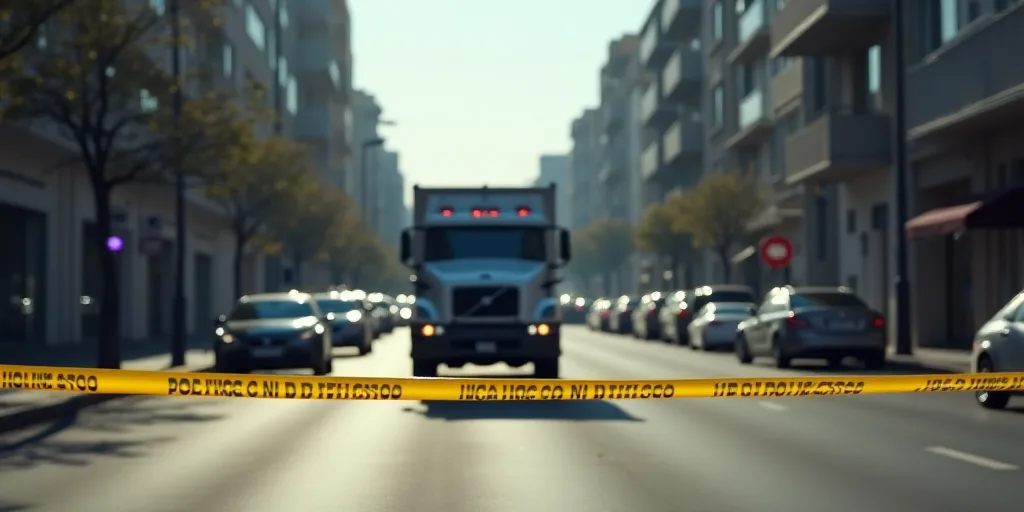 a police cord is blocking a street with a truck behind it and a police tape in front of it, Ceferí