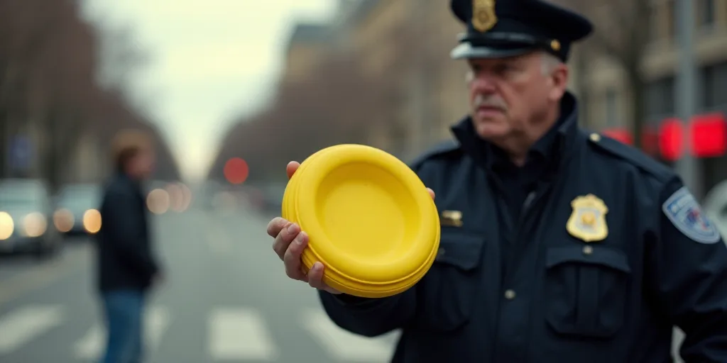 a police officer holding a yellow frisbee in his hand and a man in the background walking down a str