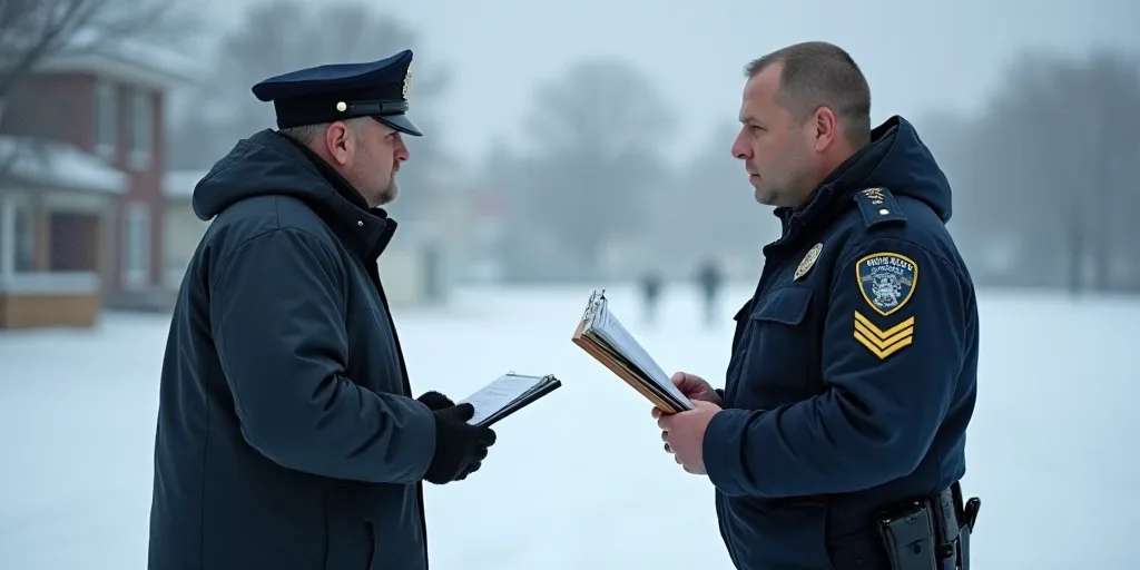 a police officer is talking to a man in a striped shirt and a police uniform and holding a clipboard