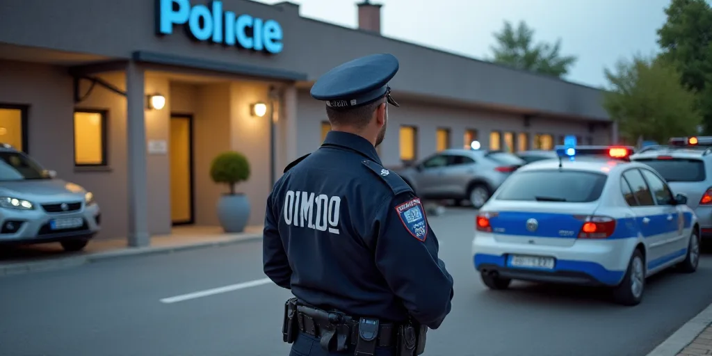 a police officer standing in front of a police station with cars parked in front of it and a police