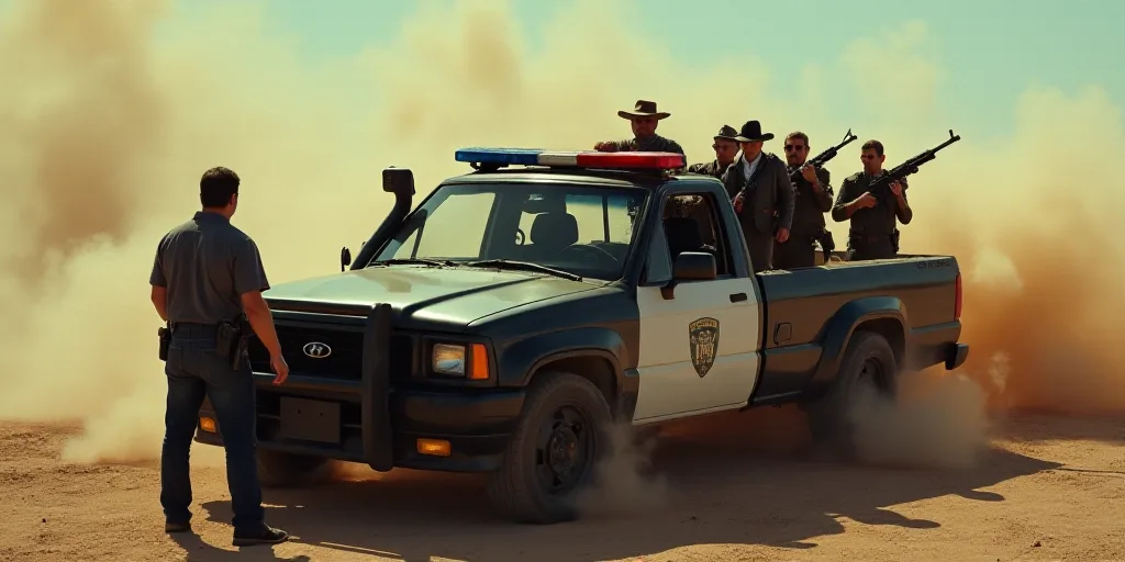 a police truck with a bunch of guns in the back of it's bed and a man standing next to it, Estuardo