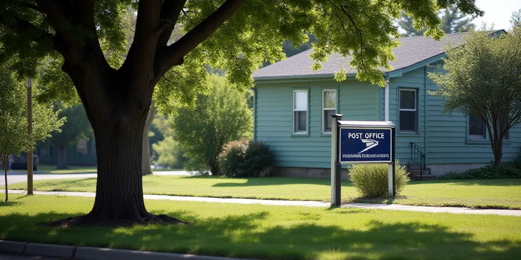 a post office sign is seen through the trees in front of a building with a tree in front of it, Denn