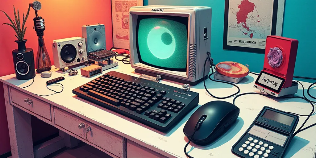 a poster with a bunch of different things on it, including a phone and a keyboard and a mouse, Aquir