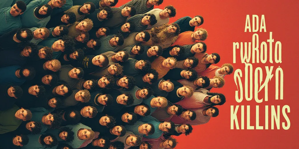 a poster with a bunch of people on it's side of it, and a line of numbers on the side of the poster,