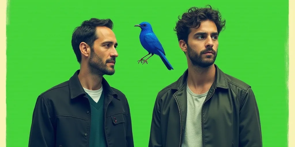 a poster with two men standing next to each other with a green background and a blue bird in the bac