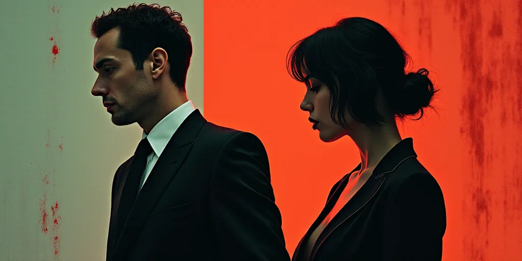 a poster with two people standing next to each other and a man in a suit and tie standing next to a