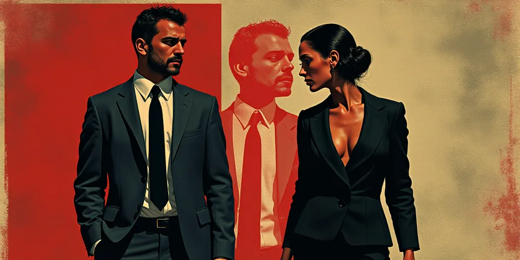 a poster with two people standing next to each other and a man in a suit and tie standing next to a