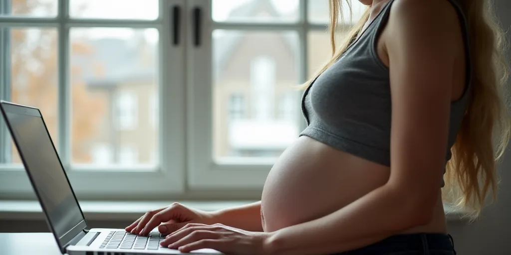a pregnant woman using a laptop computer at a desk in front of a window with a window behind her, Cl