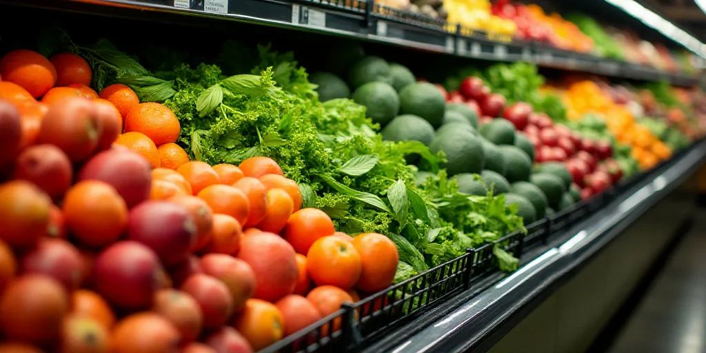 a produce section of a grocery store with a variety of fruits and vegetables on display for sale in