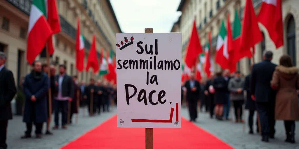 a protest with a sign that says sul red carpet semmilamo la pace and a lot of flags, Carlo Carlone,