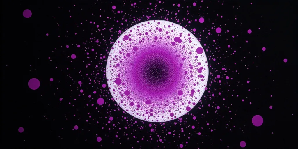 a purple and white circle with purple dots on it's surface and a black background with a white circl