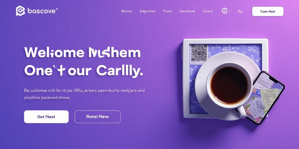 a purple website page with a picture of a phone and a cup of coffee on it and a qr code, Bascove, be