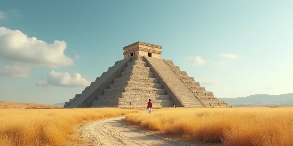 a pyramid in a field with a sky background and a person walking by it on a path to the top, Cándido