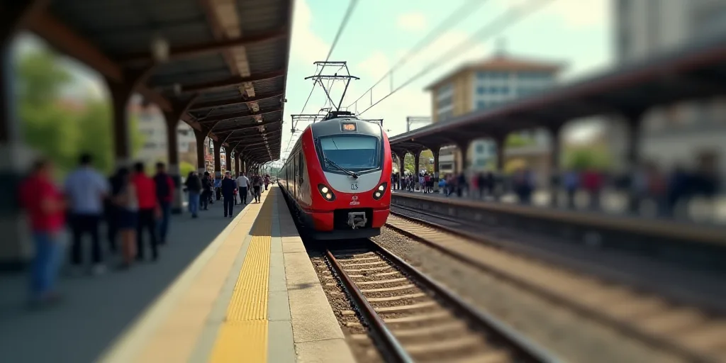a red and white train is pulling into a station with people walking by it and a train is on the trac