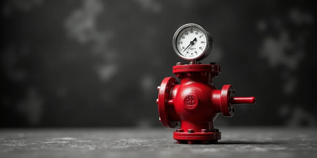 a red and white valve with a gauge on top of it and a black and white background behind it, Andries