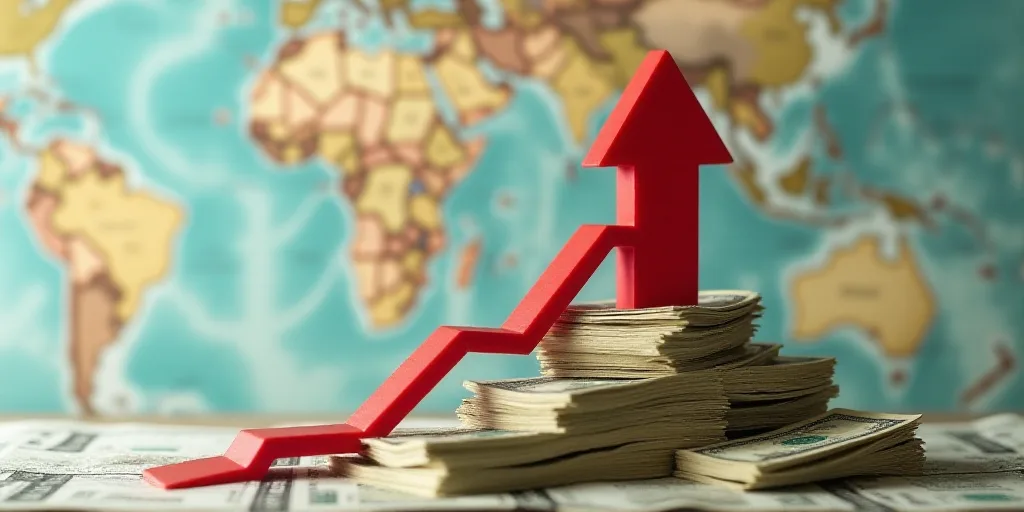 a red arrow pointing upward on top of a pile of money with a map in the background of the image, And