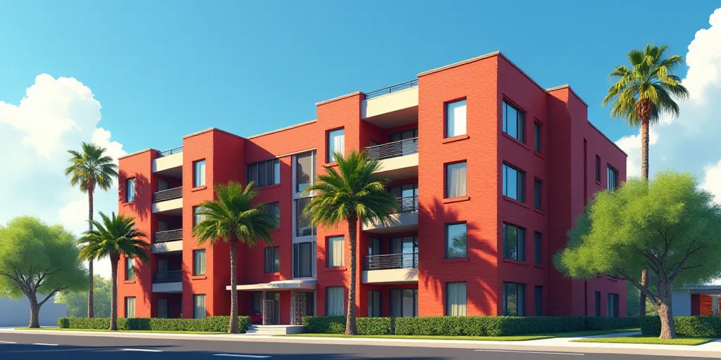 a red brick apartment building with palm trees in front of it and a blue sky in the background with