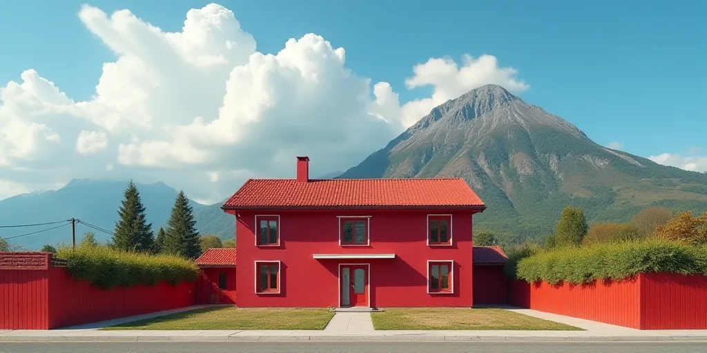 a red building with a mountain in the background and a blue sky with clouds in the background with a
