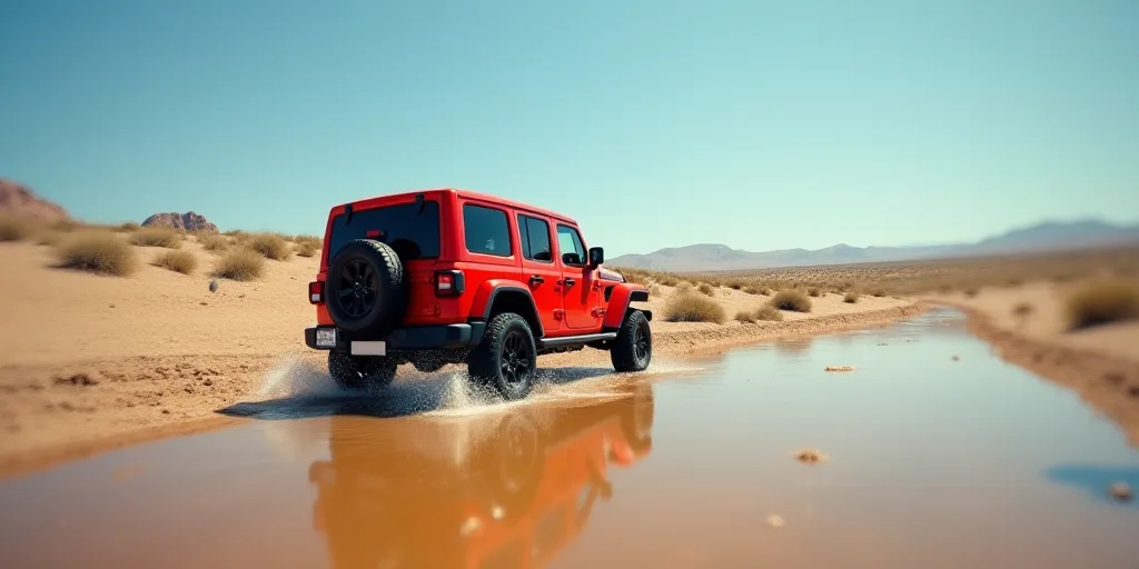 a red jeep driving through a puddle of water on a dirt road in the desert with a blue sky in the bac