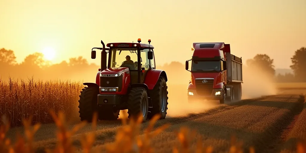 a red tractor is driving through a field of corn as a red grain truck drives by behind it in the dis