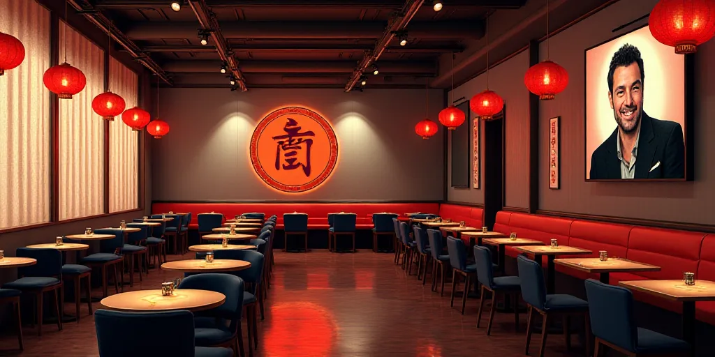 a restaurant with a lot of tables and chairs and a wall with a screen on it that has a picture of a
