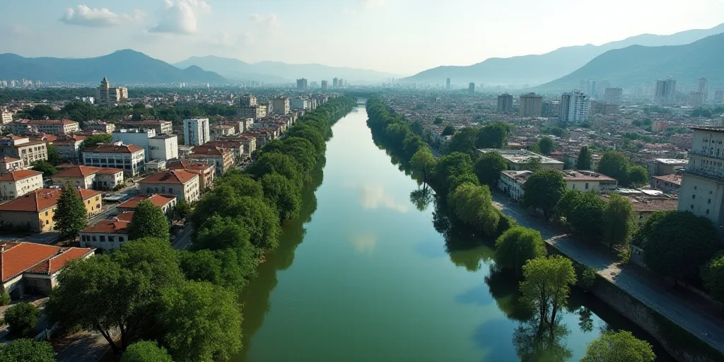 a river running through a city with lots of buildings and trees on the other side of the river is a