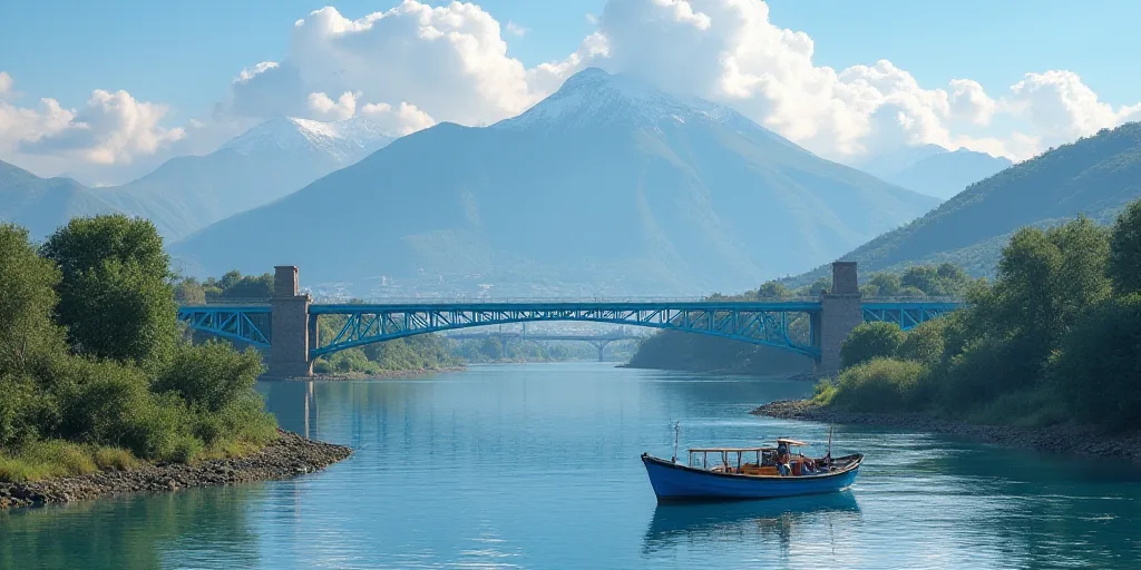 a river with a blue boat on it and mountains in the background with clouds in the sky and a blue bri