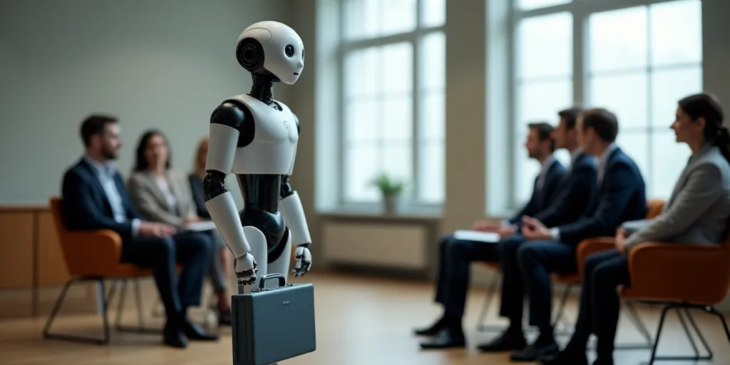 a robot holding a briefcase in front of a group of people sitting down and talking to each other in