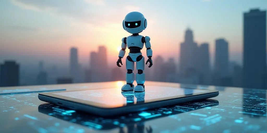 a robot standing on top of a tablet with a city in the background and a futuristic interface in the