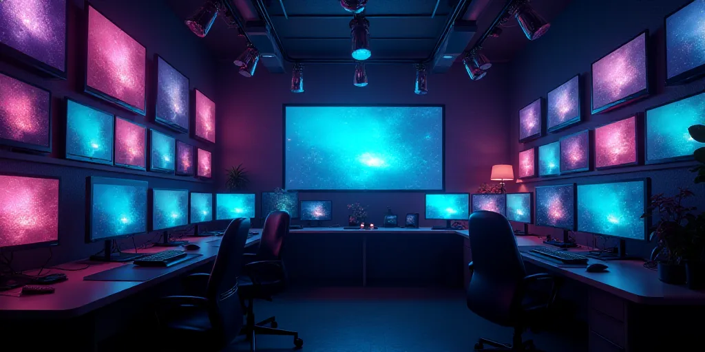 a room filled with lots of computer monitors and monitors on the walls of it's walls are lit up with