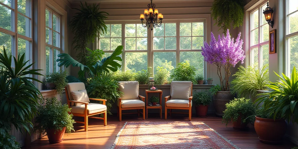 a room with a lot of plants and chairs in it and a lot of windows with purple flowers on them, Engue