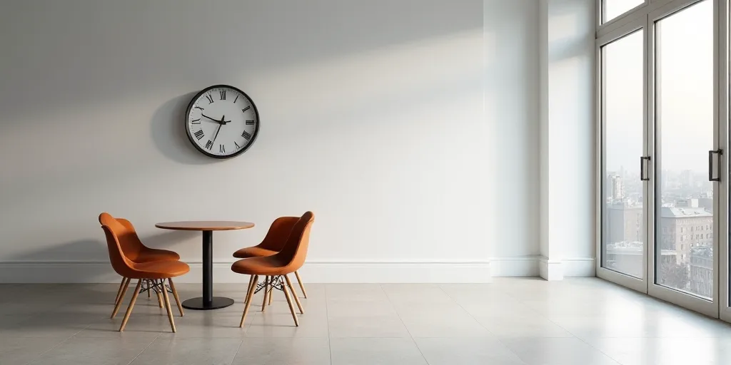 a room with a table and chairs and a clock on the wall above it and a window with a view of a city,