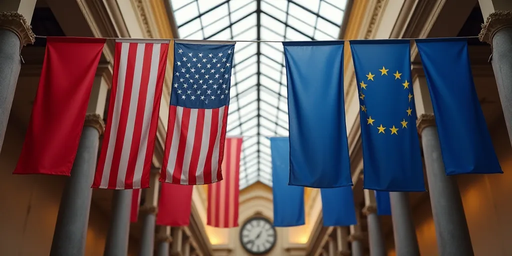 a row of american and european flags hanging from a ceiling in a building with a clock in the backgr