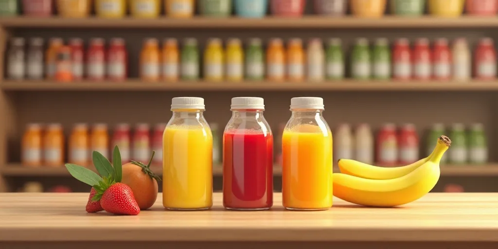 a row of boxes of juice sitting on a counter top next to a shelf of fruit juices and a banana, Cefer