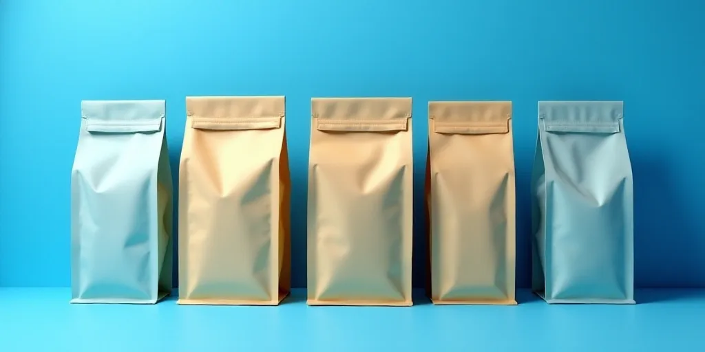 a row of coffee bags on a blue background with a blue background and a blue background with a blue b